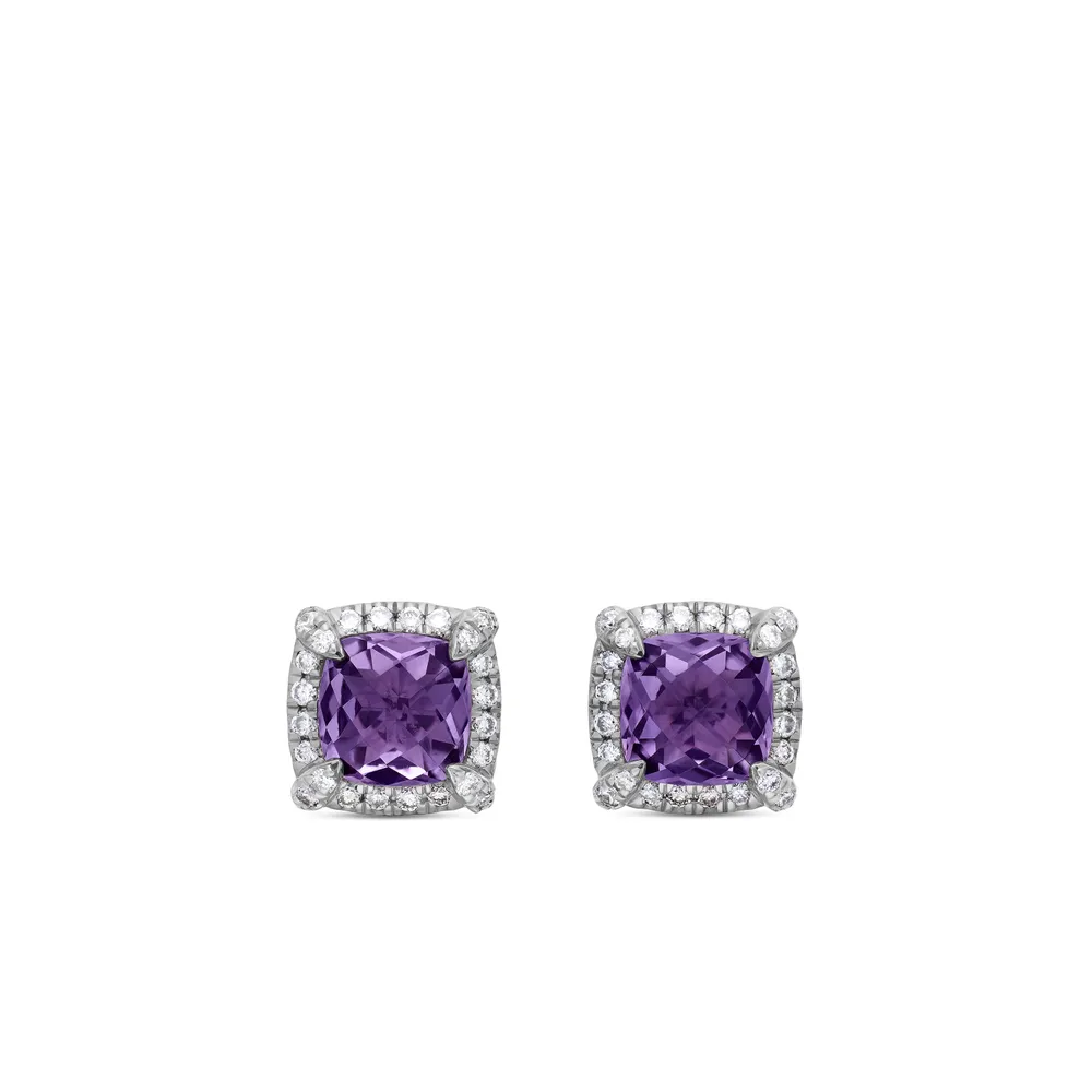 Sterling silver • Amethyst, 1.08 total carat weight, Stone, 5mm- Pavé diamonds, 0.14 total carat weight • Earrings, 7.1mm